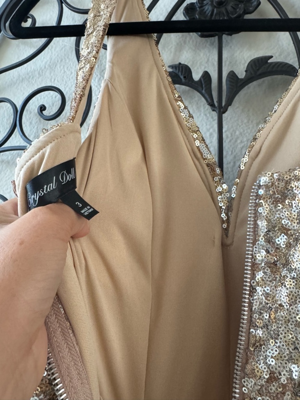 Crystal Doll Champagne Sequin V-Neck Dress - Picture 8 of 9